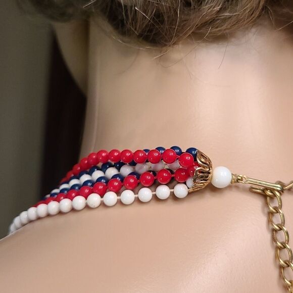 Vintage Multi Strand Red, White and Blue Necklace - Picture 7 of 13